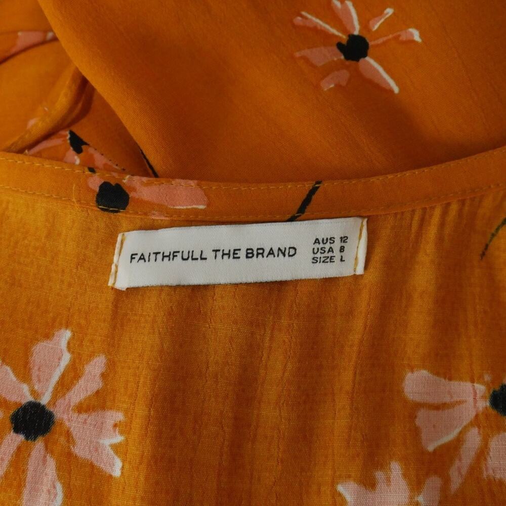 Faithfull the Brand Floral Wrap Dress Yellow Daisy V Neck Boho Ruffle Size 8 - Picture 2 of 9